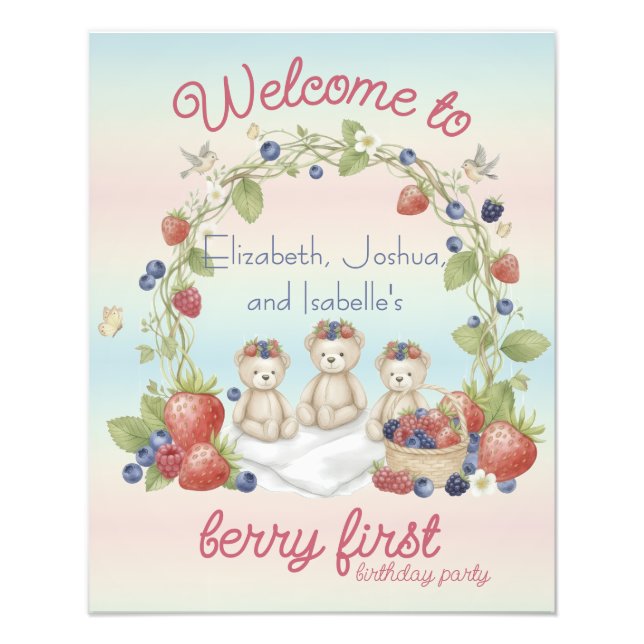 Triplets Berry First Birthday Party Poster (Framsidan)