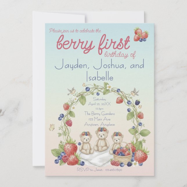 Triplets Berry Första Födelsedagsfest Inbjudningar (Framsida)
