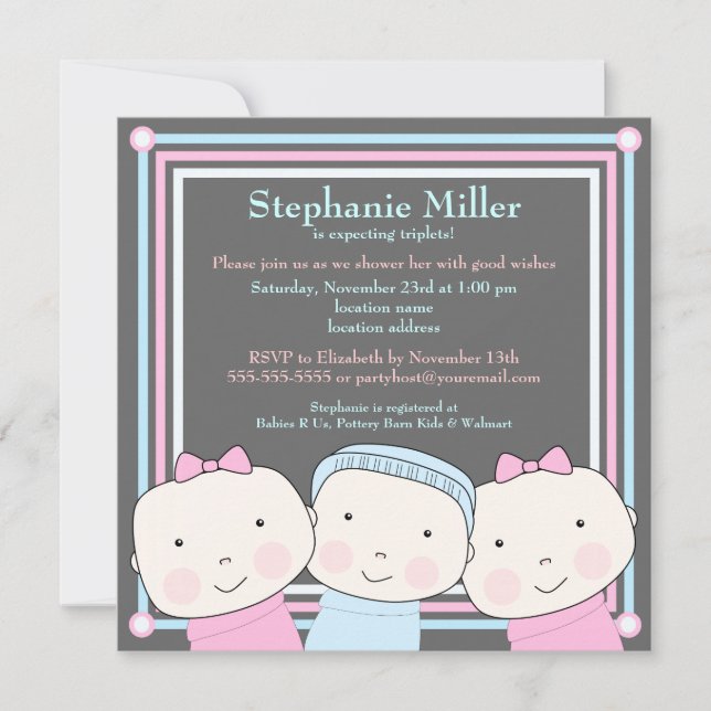 Triplets Girl Boy Rosa Blue Baby Shower-inbjudan Inbjudningar (Framsida)