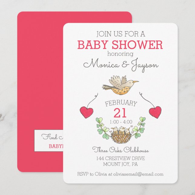 Triplets Mamma Bird Flies Baby Shower Inbjudningar (Fram/baksida)