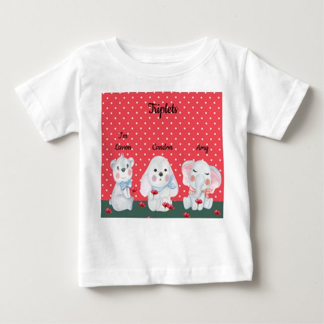 Triplets Tee Shirt for Boy in Red with Animals (Framsida)