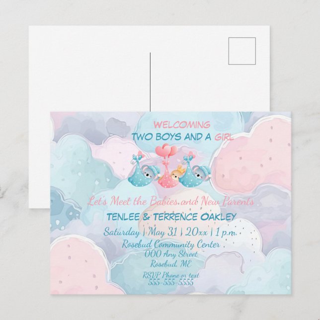 Triplets Two Boys and A Girl Shower Invite Vykort (Fram/baksida)