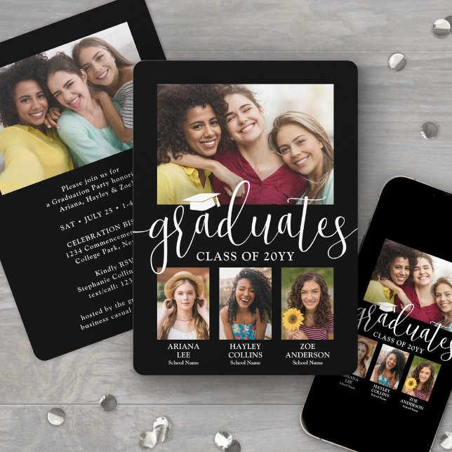 Trippel examensfotocollage Svart Vitt Ledsetalje Meddelande (Skapare uppladdad)