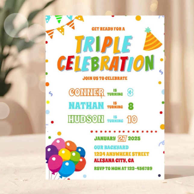Trippel födelsedagsinbjudan syskon gemensam fest inbjudningar (Triple Birthday Invitation Sibling Joint Party)