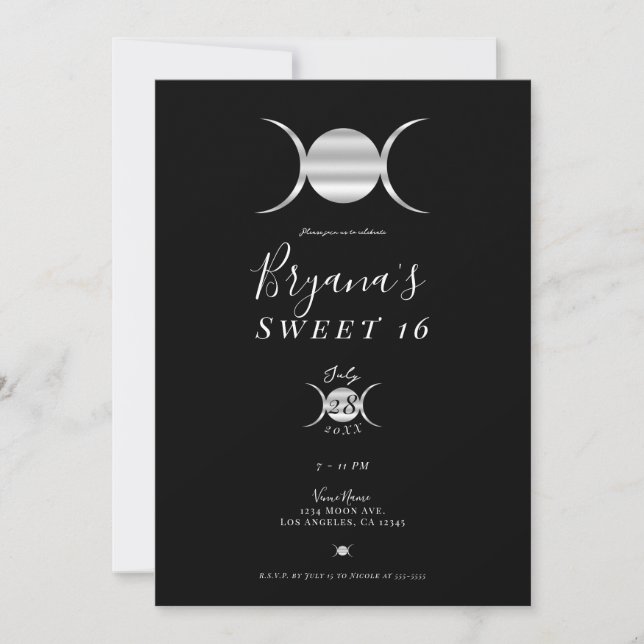 Trippel Gudinna Måncykel Silver & Svart Sweet 16 Inbjudningar (Framsida)