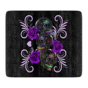 Trippel svarta Day Of The Dead Skallar Lila Rosor