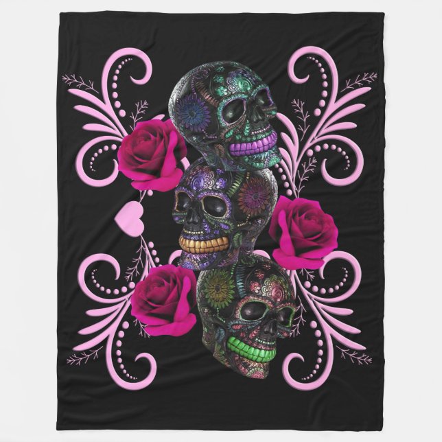 Trippel svarta Day Of The Dead Skallar Rosa Rosor Fleecefilt (Framsidan)