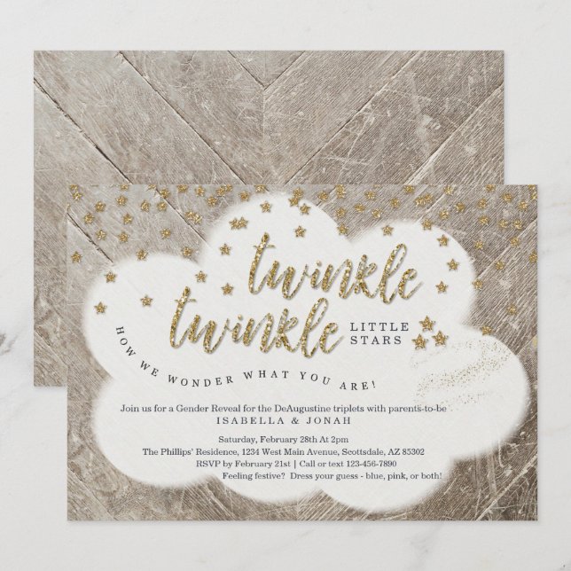 Trippel Twinkle Twinkle Little Star-Gender Reducti Inbjudningar (Fram/baksida)