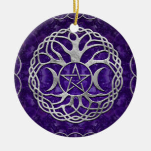 Trippelgudinna med pentagram och livets träd julgransprydnad keramik