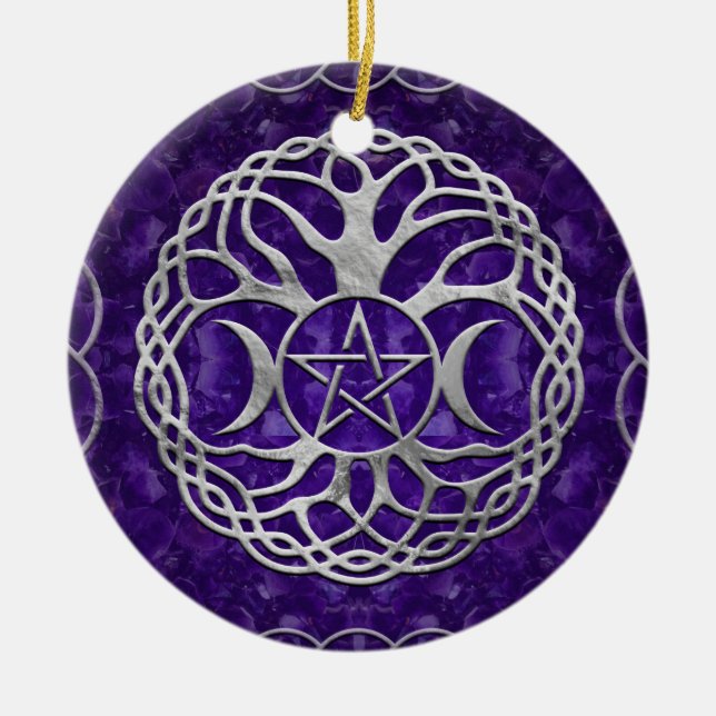 Trippelgudinna med pentagram och livets träd julgransprydnad keramik (Framsidan)