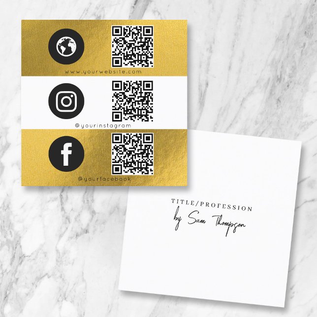 Trippelikon och QR-kod Business Social Media Guld Fyrkantigt Visitkort (Triple Icon & QR Code Business Social Media Gold Square Business Card)
