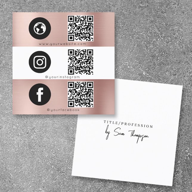 Trippelikon QR-kod Social Media Ro Guld Fyrkantigt Visitkort (Triple Icon QR Code Social Media Rose Gold Square Business Card)