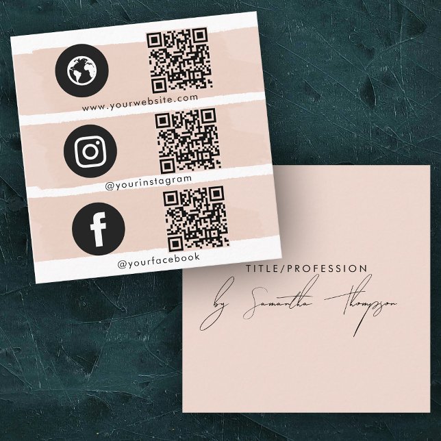 Trippelikon QR-kod Social Media  Rosa Fyrkantigt Visitkort (Triple Icon QR Code Social Media Blush Pink Square Business Card)
