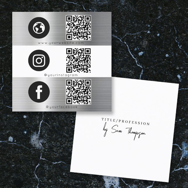 Trippelikon QR-kod Social Media Silver Metall Fyrkantigt Visitkort (Triple Icon QR Code Social Media Silver Metal Square Business Card)