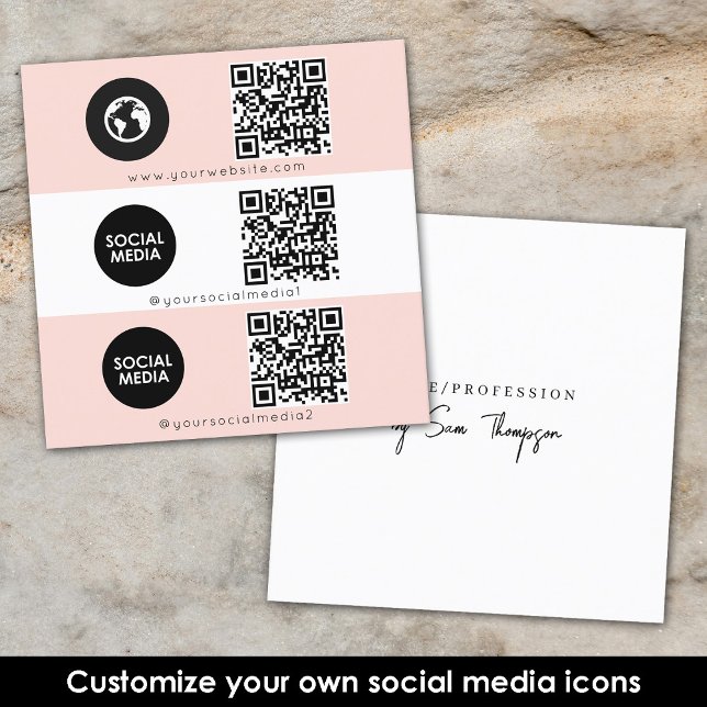 Trippelikonen QR-kod Anpassningsbar Social Media R Fyrkantigt Visitkort (Triple Icon QR Code Custom Social Media Pink Square Business Card)