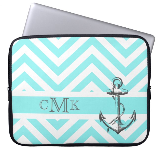 Trippelmonogrammed ankare och blå zigzagar laptop sleeve (Framsidan)