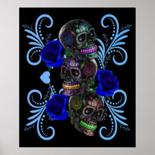 Trippelsvart Day of the dead Döskallar Blue Rosor Poster