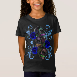 Trippelsvart Day of the dead Döskallar Blue Rosor T Shirt