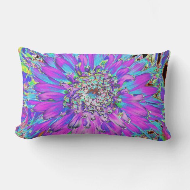 Trippig Abstrakt Aqua, Limegrön och Lila Dahlia Lumbarkudde (Framsida)