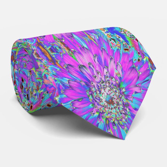 Trippig Abstrakt Aqua, Limegrön och Lila Dahlia Slips (Rullad)