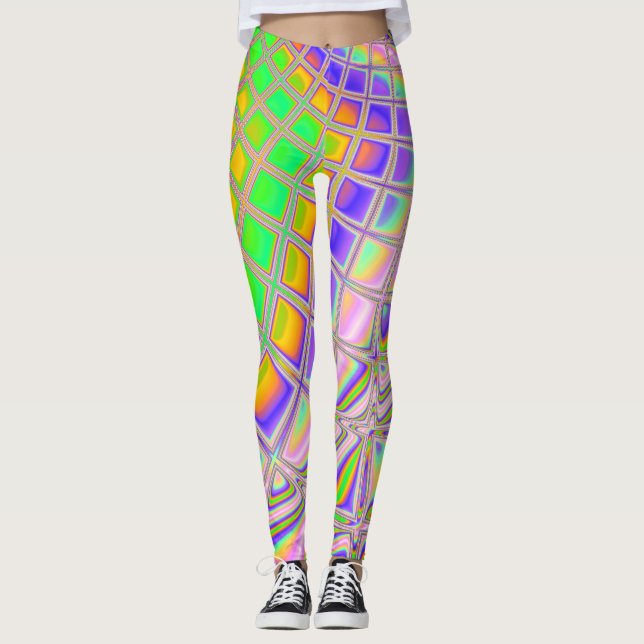 Trippig Groovy Vibrerande Abstrakt Digital Fraktal Leggings (Framsida)