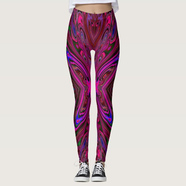 Trippig het rosa, röd och blå abstrakt fjäril leggings (Framsida)