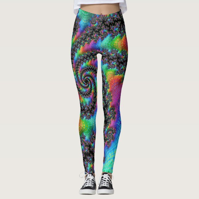 Trippig Hippie Psykedelisk Regnbåge Spiral Fraktal Leggings (Framsida)