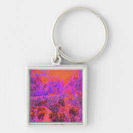 Trippig Magenta och Orange Impressionistisk Trädgå Fyrkantig Silverfärgad Nyckelring