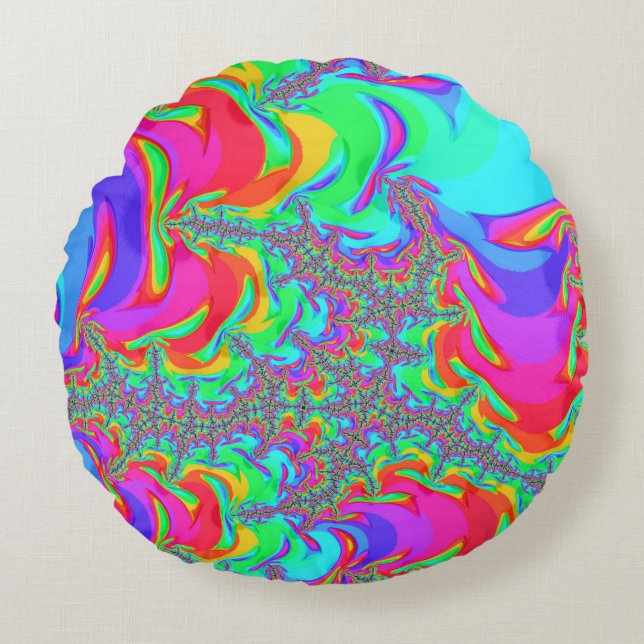 Trippig Retro Livlig Neon Regnbåge Fraktal Konst Rund Kudde (Framsidan)