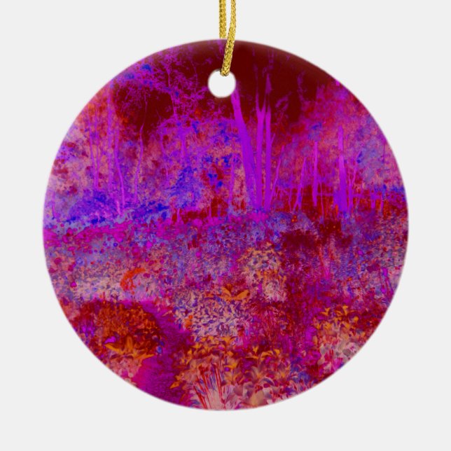 Trippig röd och magenta impressionistisk landskap julgransprydnad keramik (Framsidan)