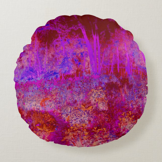 Trippig röd och magenta impressionistisk landskap rund kudde (Framsidan)