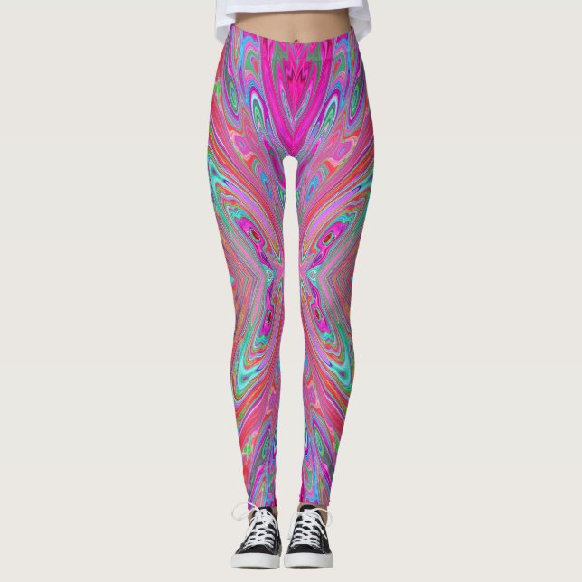 Trippig Rosa, Aqua och Magenta Abstrakt Fjäril Leggings (Framsida)