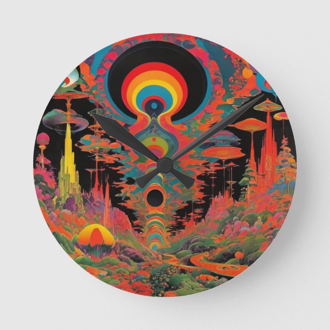 Trippig Vintage 1960s Psykedelisk Retrokonst Rund Klocka (Framsida)