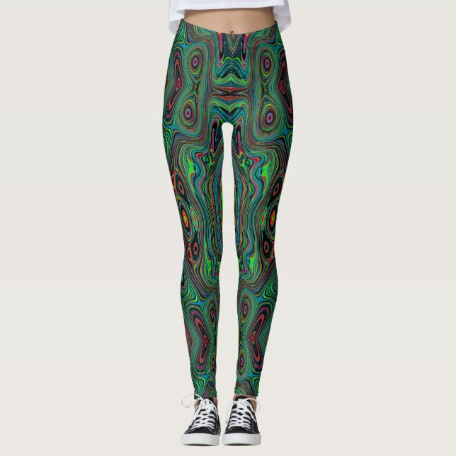 Trippigt Retro Svart och Limegrönt Abstrakt Mönste Leggings (Framsida)