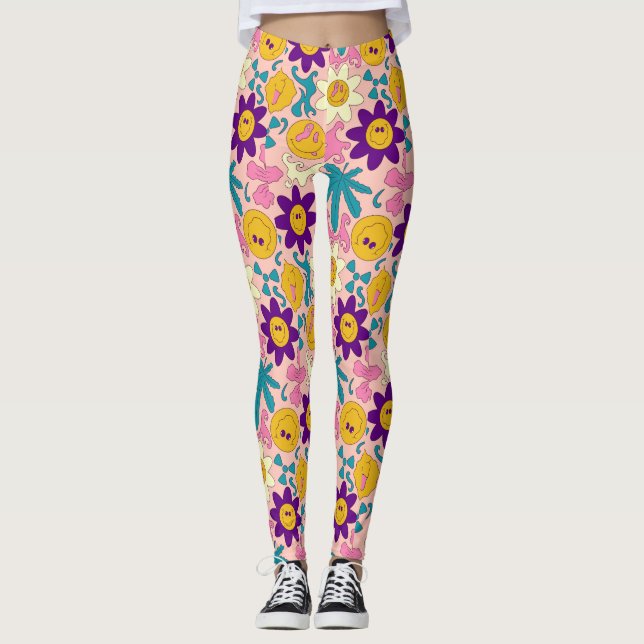 Trippigt Smiley Sömlöst Mönster Leggings (Framsida)