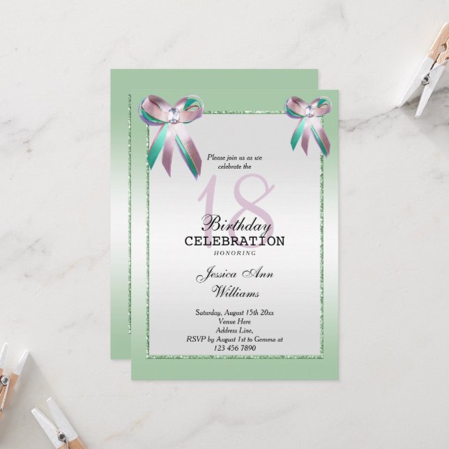 Tripple Gem Bow & Glitter 18:e födelsedagen  Inbjudningar (Fram/Back In Situ)