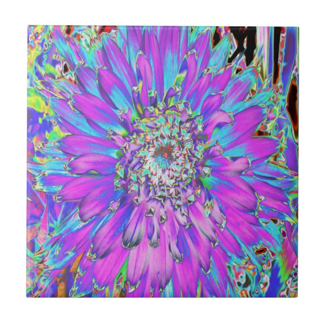 Trippy Abstrakt Aqua, Lime Green och Lila Dahlia Kakelplatta (Framsidan)