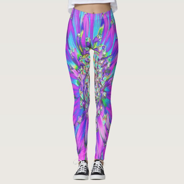 Trippy Abstrakt Aqua, Lime Green och Lila Dahlia Leggings (Framsida)
