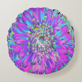 Trippy Abstrakt Aqua, Lime Green och Lila Dahlia Rund Kudde