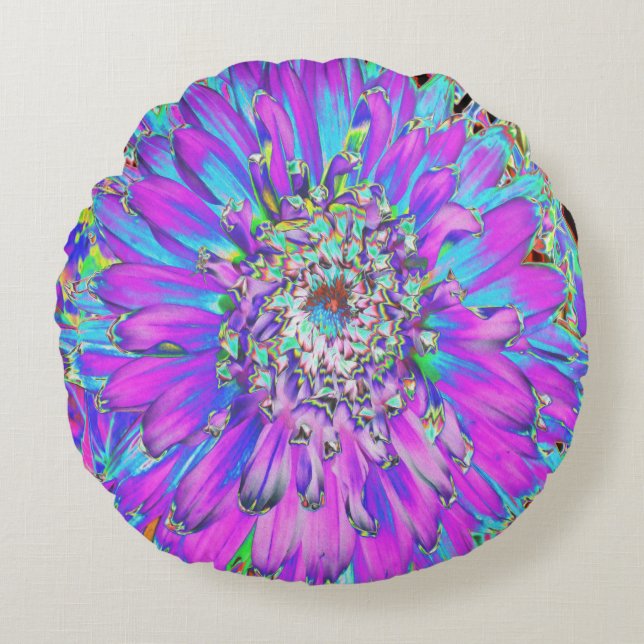 Trippy Abstrakt Aqua, Lime Green och Lila Dahlia Rund Kudde (Framsidan)