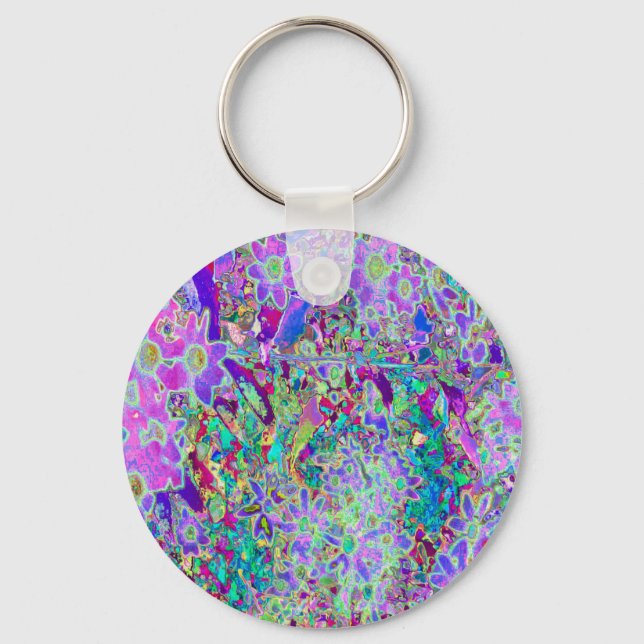 Trippy Abstrakt Rosa och Lila blommor Nyckelring (Framsida)