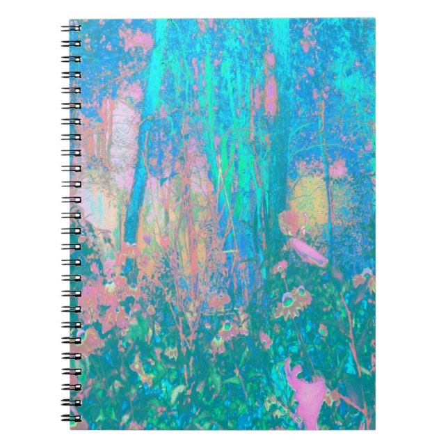 Trippy Aqua Sunrise med Psychedelic Flowers Anteckningsbok (Framsidan)