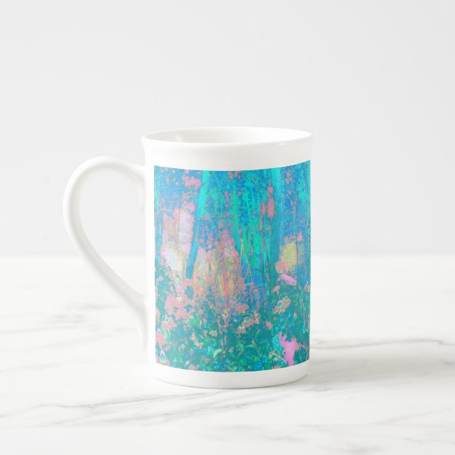 Trippy Aqua Sunrise med Psychedelic Flowers Benporslin Mugg (Vänster)