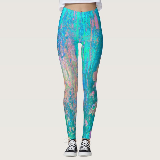 Trippy Aqua Sunrise med Psychedelic Flowers Leggings (Framsida)