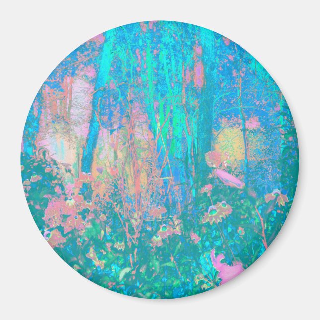 Trippy Aqua Sunrise med Psychedelic Flowers Magnet (Framsidan)