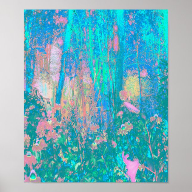 Trippy Aqua Sunrise med Psychedelic Flowers Poster (Framsidan)