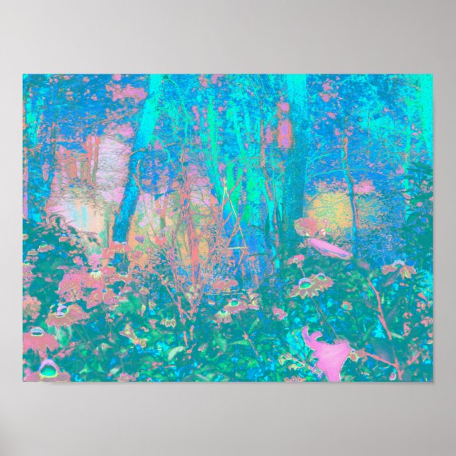 Trippy Aqua Sunrise med Psychedelic Flowers Poster (Framsidan)