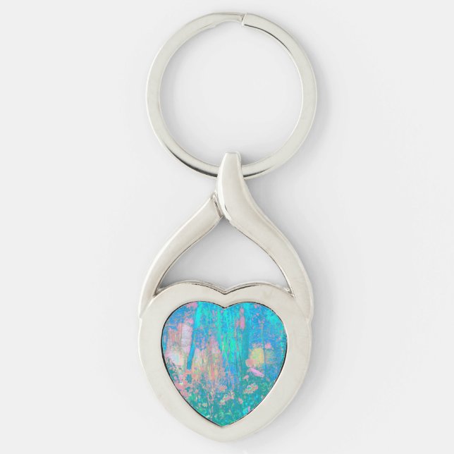 Trippy Aqua Sunrise med Psychedelic Flowers Twisted Heart Silverfärgad Nyckelring (Framsidan)