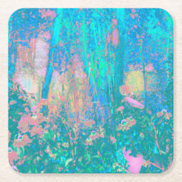 Trippy Aqua Sunrise med Psychedelic Flowers Underlägg Papper Kvadrat