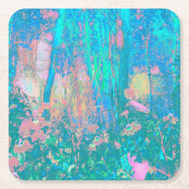 Trippy Aqua Sunrise med Psychedelic Flowers Underlägg Papper Kvadrat (Framsidan)
